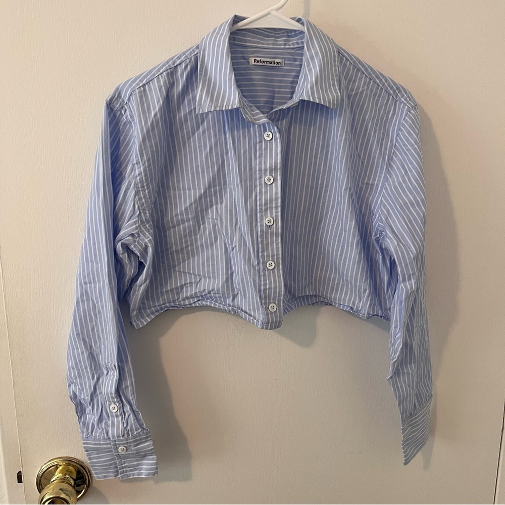 Reformation Striped Long Sleeve Crop Button Down Blue & White Size Small